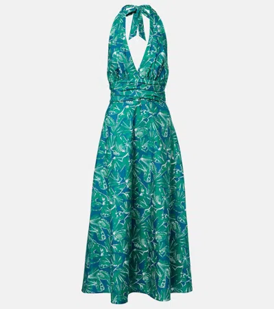 Max Mara Printed Halterneck Cotton Midi Dress In Green