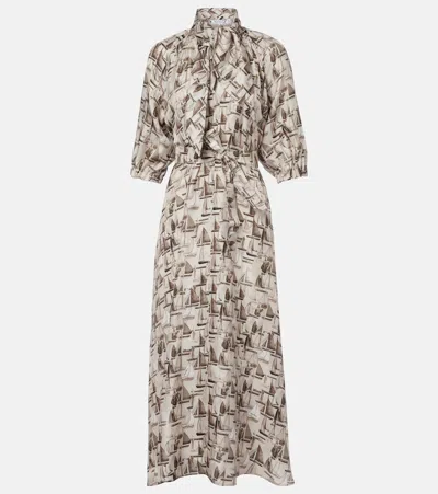 Max Mara Printed Tie-neck Silk Twill Midi Dress In Gray