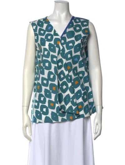 Pre-owned Max Mara Printed V-neck Blouse In Blue