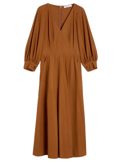 Max Mara Puffed-sleeve Cotton Midi Dress In Brown