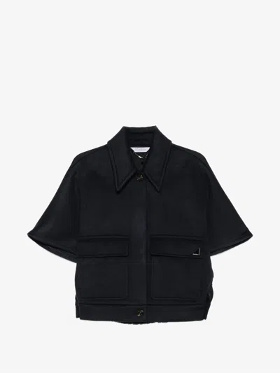Max Mara Pure Cashmere Double-drape Cape With Shirt Collar, Patch Pockets & Elastic Waist In Blu