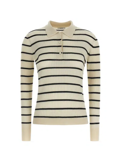 Max Mara Pure Long Sleeve Striped Knit Polo "gitano" In Neutral