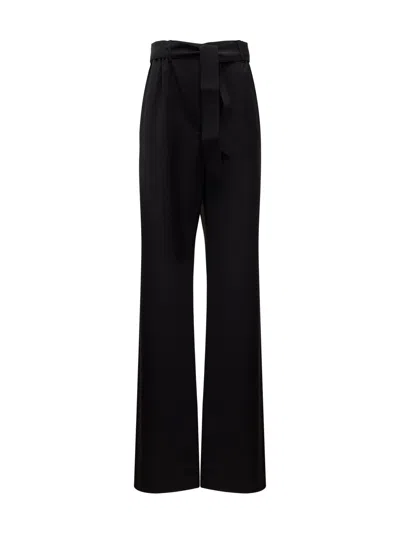 Max Mara Pure Virgin Wool Wide-leg Trousers With Tie Belt In Nero