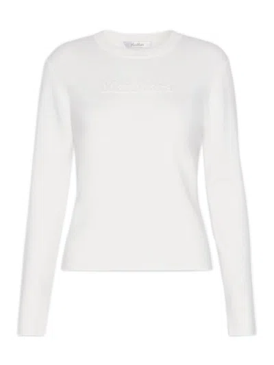 Max Mara Pure Wool Interlock Crewneck Sweater With Long Set-in Sleeves In White