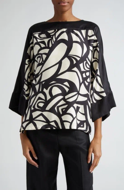 Max Mara Quaglia Abstract-print 3/4-sleeve Silk Blouse In Grey