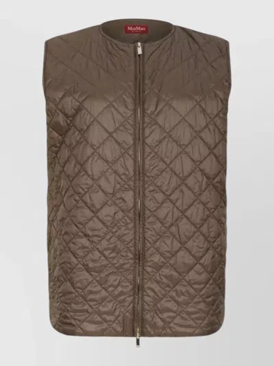 Max Mara Quilted Vest Coat Long Sleeves Nylon Silk In Brown
