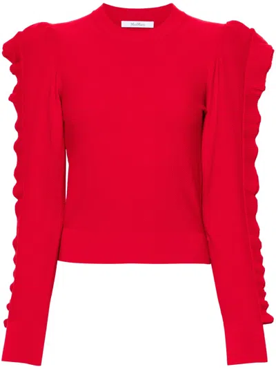 MAX MARA RED RUFFLED CREW-NECK SWEATER