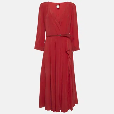 Pre-owned Max Mara Red Silk Belted Wrap Dress L