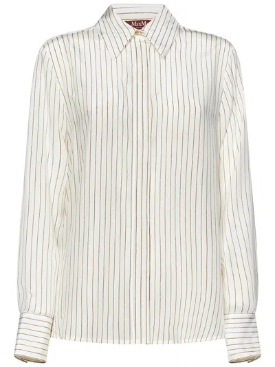 Max Mara Refined Ivory Silk Shirt With Subtle Beige Stripes In White