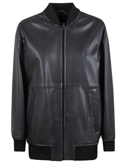 Max Mara Relaxed Fit Leather Jacket With Zip Closure In Black