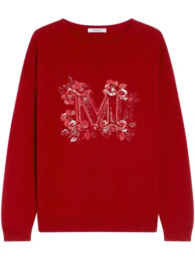 Max Mara Relaxed Fit Red Sweater With Sequin Embellished Logo