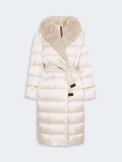 Max Mara Reversible Long Water-repellent Iridescent Satin Down Jacket In Neutral