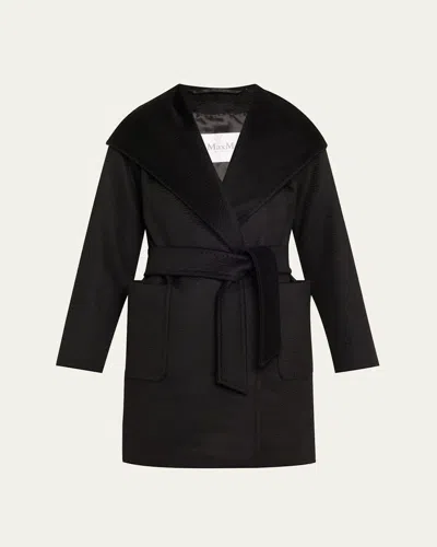 Max Mara Rialto Camel Hair Belted Short Hooded Coat In Black