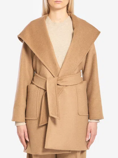 Max Mara Rialto Coat With Hood And Patch Pockets In Brown