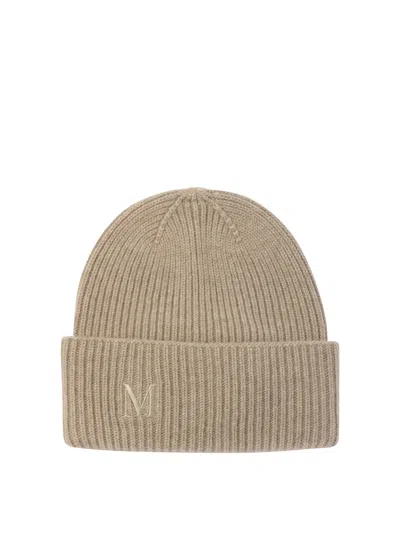 Max Mara Logo Embroidered Ribbed Beanie In Beige