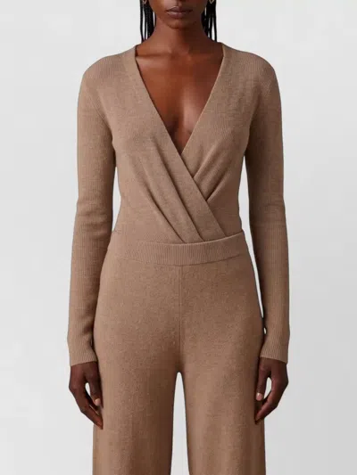 Max Mara Ribbed Cashmere V-neck Long-sleeve Bodysuit In Brown