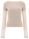Max Mara Ribbed Cotton T-shirt With Sheer Sleeves In Gray