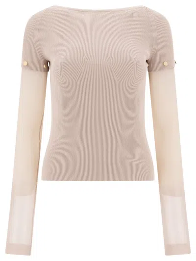 Max Mara Ribbed Cotton T-shirt With Sheer Sleeves In Gray