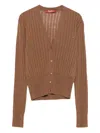 Max Mara Waist Fitted V-neck Ribbed Cardigan In Brown
