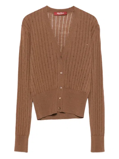 Max Mara Waist Fitted V-neck Ribbed Cardigan In Brown