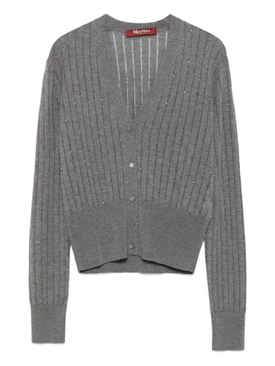 Max Mara V-neck Metallic Ribbed Trim Cardigan In Gray