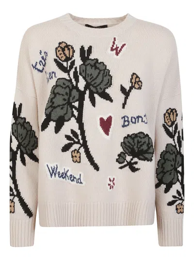 Max Mara Ribbed Fit Crewneck Sweater With Iconic Embroidery In Multi