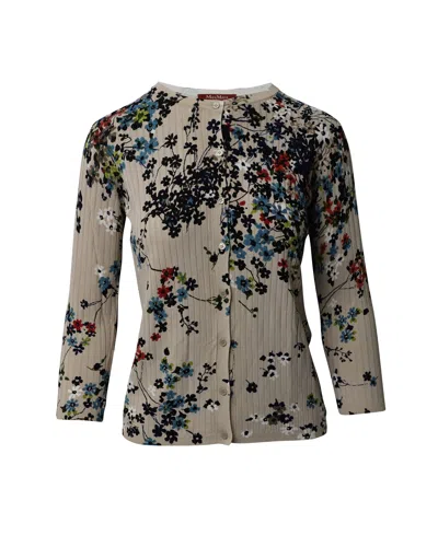 Max Mara Ribbed Floral Cardigan In Beige Viscose In Multi