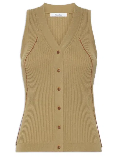 Max Mara Ribbed Knit Cotton-viscose Crepe Vest With V-neck And Contrasting Button Closure In Multi