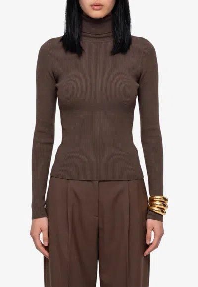 Max Mara Ribbed Knit Turtleneck Wool Sweater In Brown