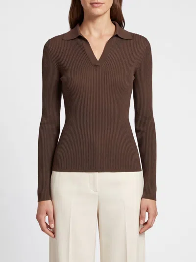 Max Mara Ribbed Silk And Cashmere Knit Polo With V-neck And Slim Fit In Brown