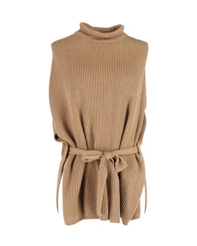 Max Mara Ribbed Sleeveless Sweater With Belt In Beige Wool
