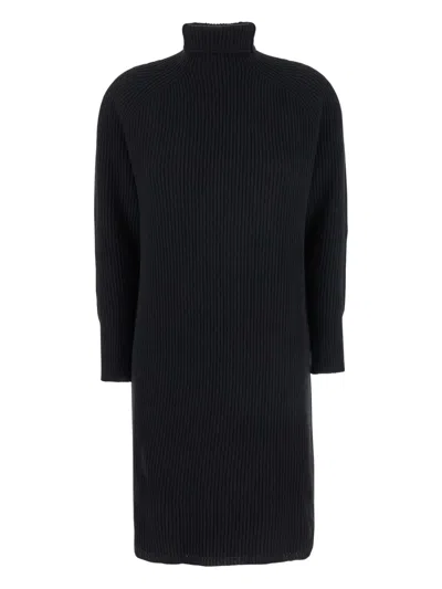 Max Mara Black Textured Turtle Neck Midi Dress
