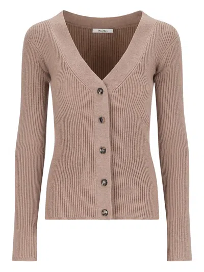 Max Mara Ribbed V-neck Cardigan In Burgundy