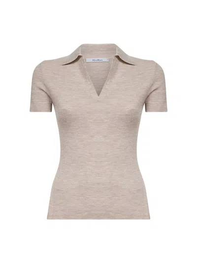 Max Mara Ribbed Virgin Wool Polo Shirt In Neutral
