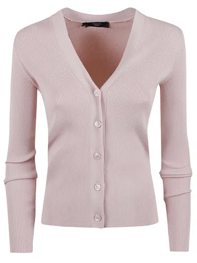 Max Mara Ribbed Viscose Cardigan With Deep V-neck In Pink