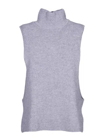 Max Mara Ribbed Wool And Cashmere Gilet With High Collar And Side Slits In Gray