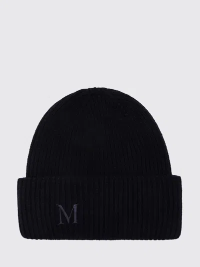 Max Mara Ribbed Wool Beanie Hat With Jacquard Logo And Cuff In Blue
