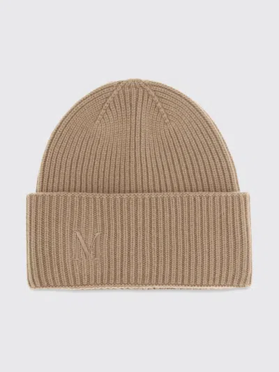 Max Mara Ribbed Wool Beanie Hat With Jacquard Logo And Cuff In Camel