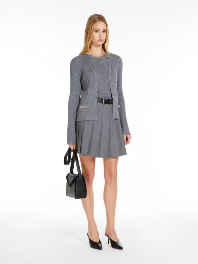 Max Mara Ribbed Wool Cardigan With Embroidery In Gray