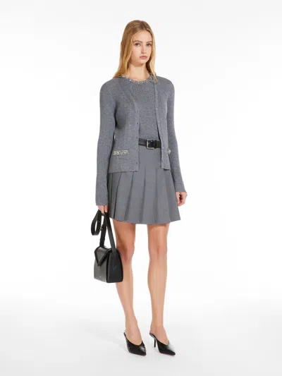 Max Mara Ribbed Wool Cardigan With Embroidery In Medium Grey