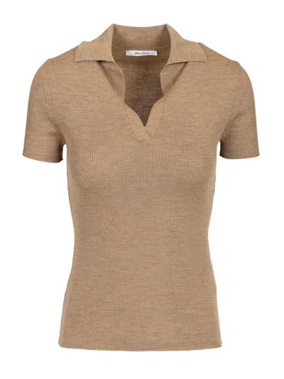 Max Mara Ribbed Wool Polo Shirt Knitwear Beige In Brown