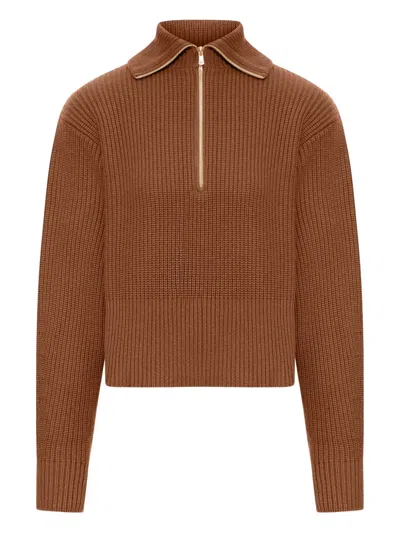 Max Mara High Collar Knitwear Zip Detail In Brown