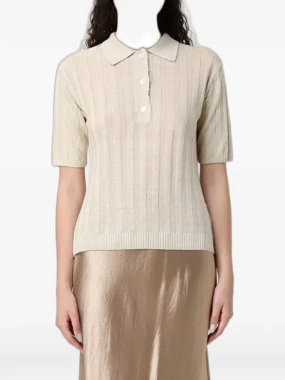 Max Mara Ribbed-knit Linen Polo Shirt In Neutral