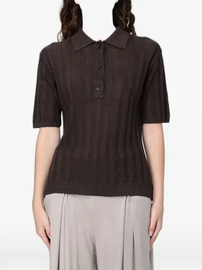Max Mara Ribbed-knit Polo Shirt In Brown