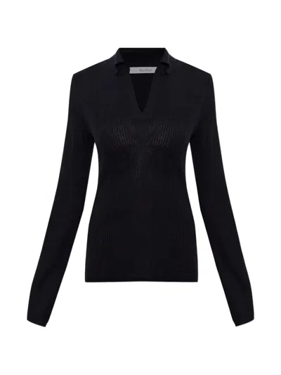 Max Mara Ribbed-knit Polo-collar Top In Black