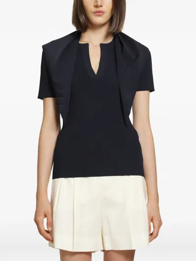 Max Mara Ribbed-knit Tie-detail Short-sleeve Sweater In Black