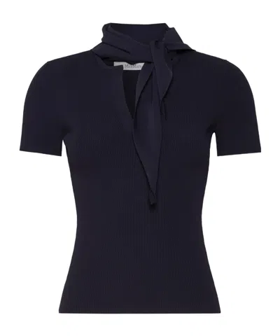 Max Mara Ribbed-knit Tie-detail Short-sleeve Sweater In Blue