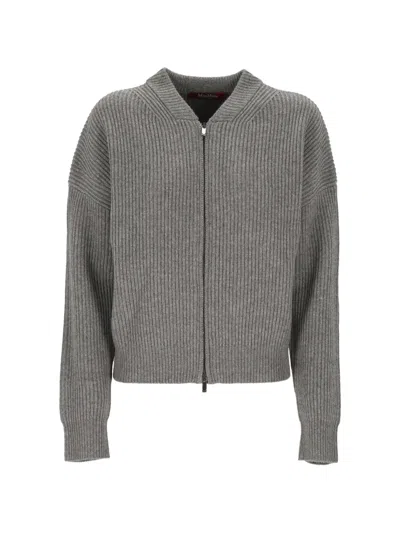Max Mara Ribbed-knit Zip-up Cardigan In Gray