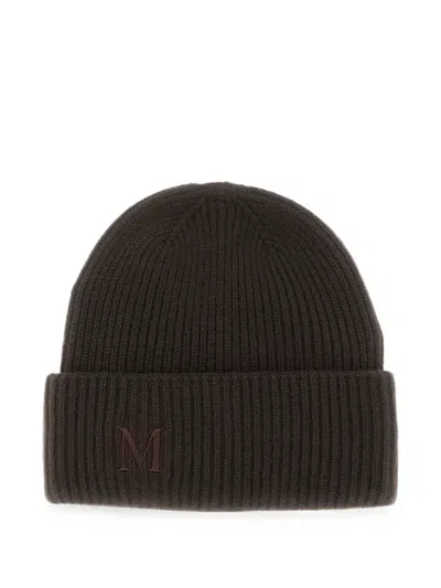 Max Mara Ribbed Wool Beanie Hat With Jacquard Logo And Cuff In Brown