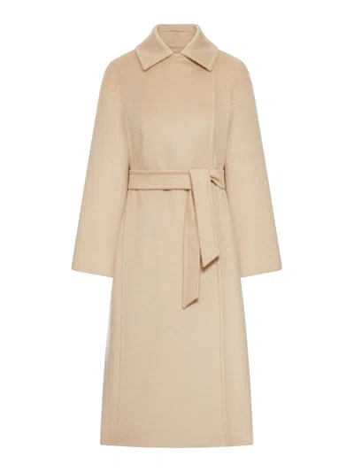 Max Mara Riccio Camel Coat With Belt In Neutral